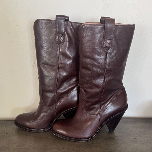 KORS Michael Kors Dark Brown Leather Mid Calf Heeled Boots Pull On Women’s Sz 6M - Picture 1 of 16